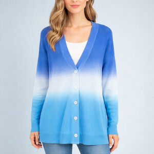 Talbots Plus Size 1X Blue Ombre V Neck Button Cotton Blend Cardigan Sweater